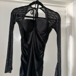 Elegant Black Halter Dress with Sheer Sleeves